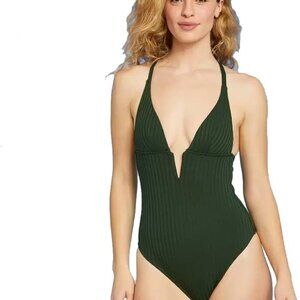 Shade & Shore Women's Green Ribbed Plunge Front V-Wire One Piece Swimsuit XL 16
